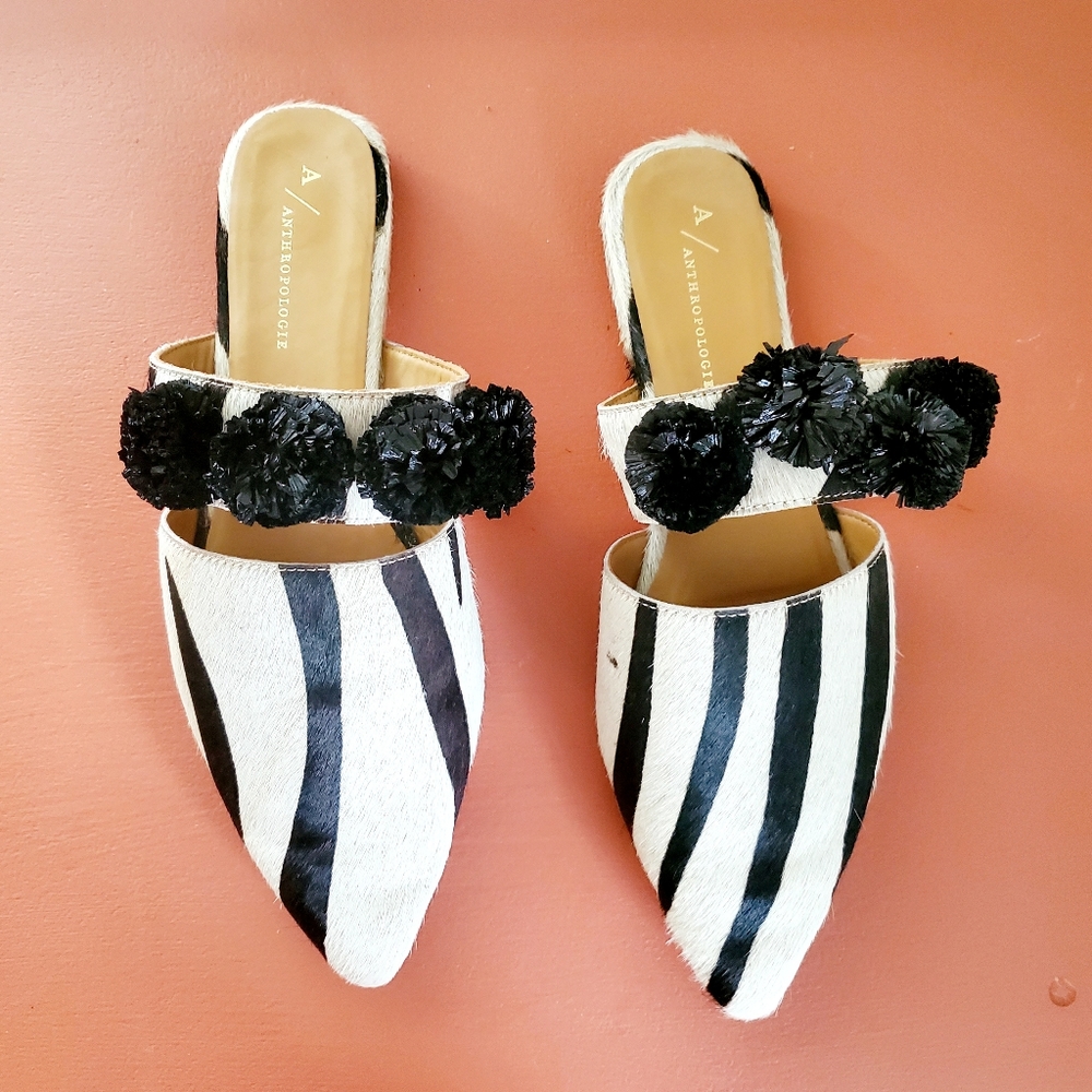 Anthropologie Point Pom Slides Zebra Print
